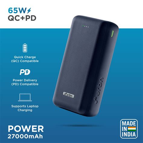 Urbn 27000 mah 65w  URBN 27000 mAh 65W Ultra Fast Charging Compact Power Bank | Type C Power Delivery (Input& Output) |4 Feet Ultra-Durable Cable, BIS Certified, Triple Output, 20 Watts Super Charging, 12 Layer circuit protection, 3 AMP fast charging cable with up to 480mbps data transfer and more in the URBN UPR301 27,000 mAh 20 Watts Super Fast Charging Power Bank, BlackURBN Power Bank 10,000mAh - Ultra Slim, 22
